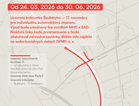 Dopravné obmedzenie v Prešove: Križovatka Škultétyho - 17. novembra bude úplne uzavretá